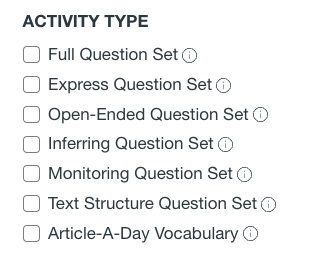 Types of activity in ReadWorks library