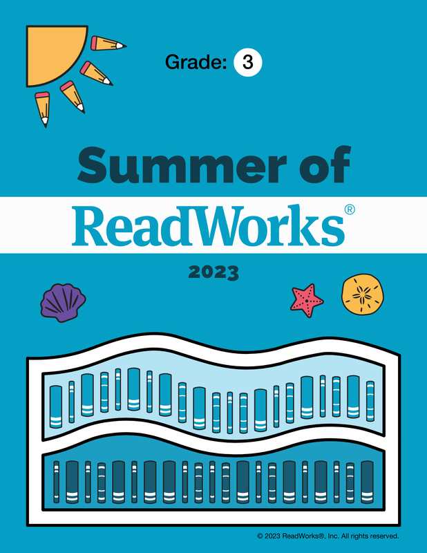 Image of front of workbook. Text reads: Summer of ReadWorks 2023 Grade 3