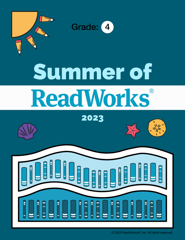 Image of front of workbook. Text reads: Summer of ReadWorks 2023 Grade 4