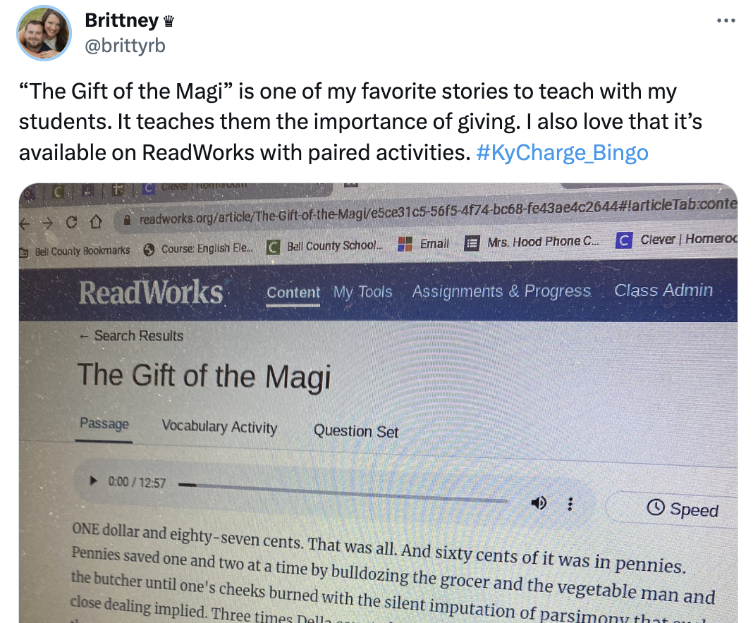 Tweet reads: “The Gift of the Magi” is one of my favorite stories to teach with my students. It teaches them the importance of giving. I also love that it’s available on ReadWorks with paired activities